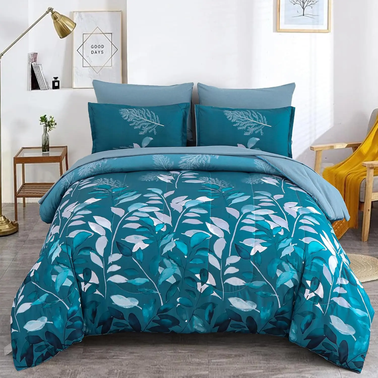 7 count Teal Botanical Comforter Set  Size - Teal Green Floral Bed in a Bag - Elegant Leaves Floral Comforter with Flat/Fitted Sheets Set, All Season Soft Microfiber Bedding Set (90"x90")