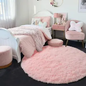 Pink Round Rug for Girls Bedroom 4'X4 Soft Fluffy Design Cozy for Kids Room Decor