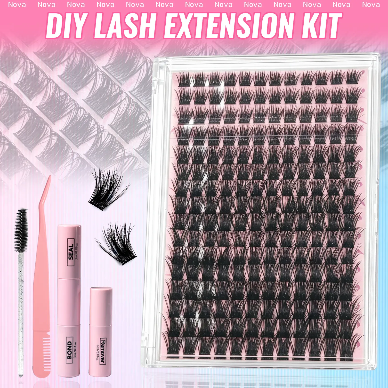 Manga Lash Cluster Kit, Fluffy Natural Dense D Curl Lashes, 0.07mm 10-18mm Synthetic Fiber DIY Extensions with Waterproof Bond, Seal, Gentle Remover & Tweezers