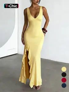 Women's Plain Ruffle Trim Split Hem V Neck Dress, Fit Dress, Elegant Casual Sleeveless Dress for Party Dating Wear, Ladies Summer Clothes, Womenswear, Style