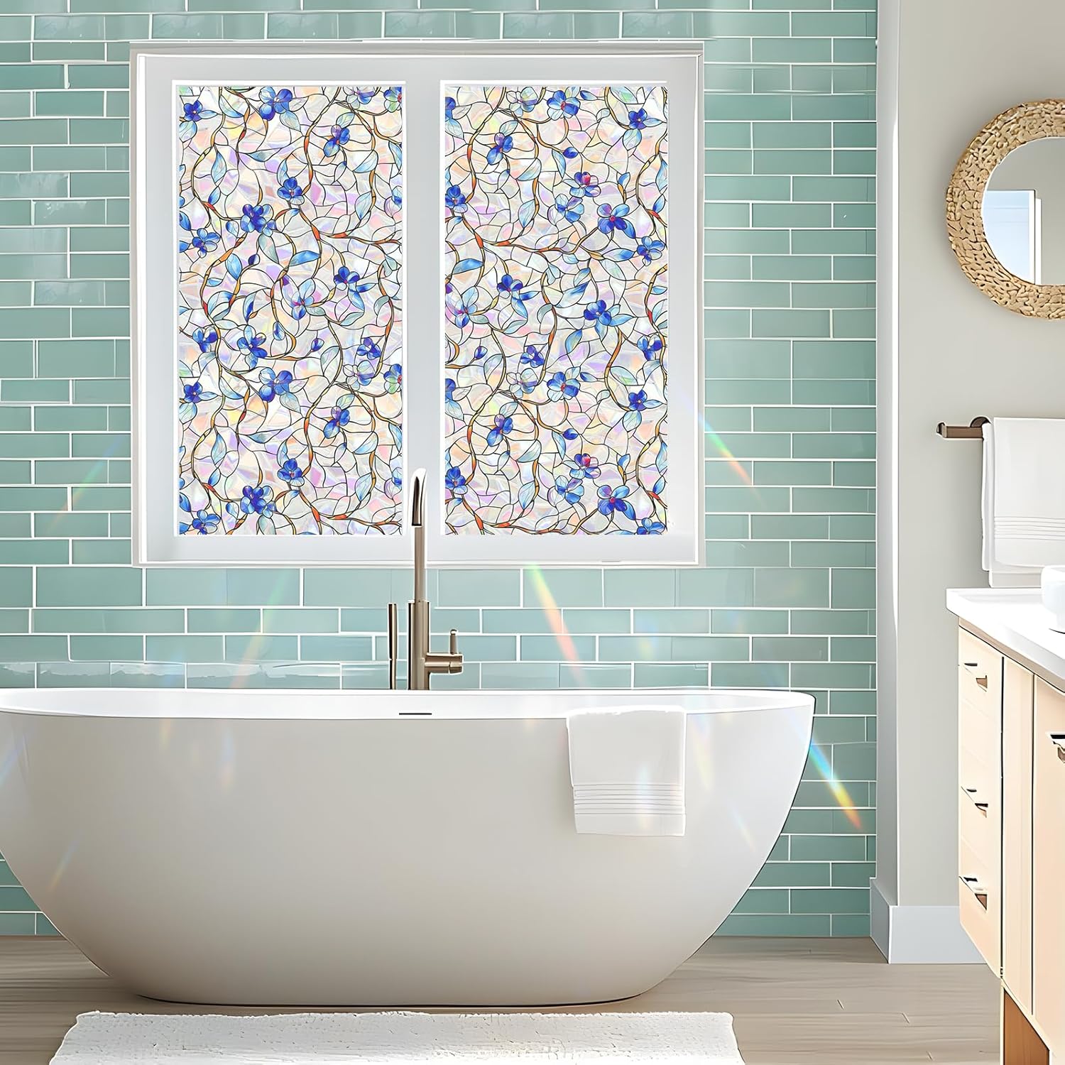 Window Privacy Film Home Room Bathroom Spring Decor Car Decorations One Way Privacy Window Clings Decals Tint Door Cover Rainbow Renter Friendly Stickers Static Cling Stained Glass Windows