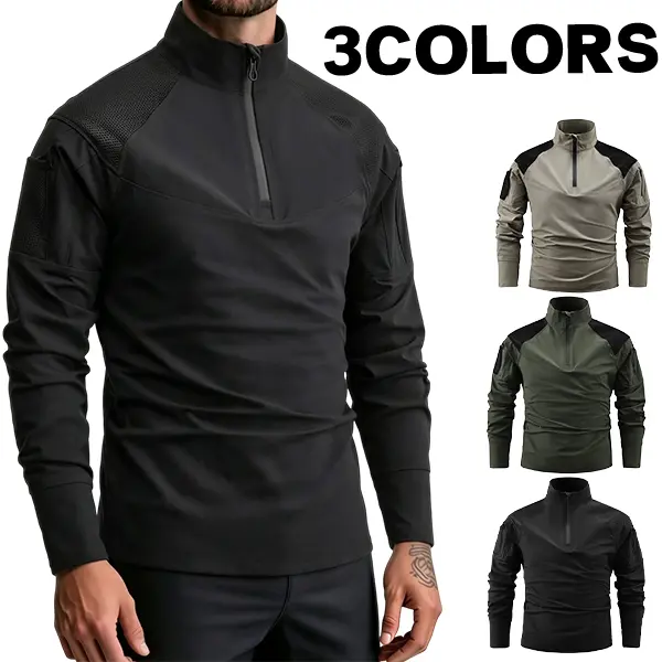 Men’s tactical half-zip stand collar top, slim fit, quick-dry sports jacket with functional mesh panels and long sleeves; trendy styling for everyday training.