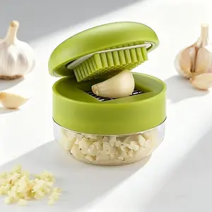 Garlic Press and Slicer, Kitchen Utensils Gadgets, Manual Crusher and Chopper with Easy Clean Cutting Board, Compact Handheld Design, Dishwasher Safe, Kitchenware