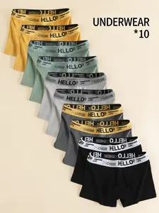 10-Pack Men's Letter Tape Boxer Brief, Casual Comfy Breathable Underwear, Men's Underwear for Daily Wear, Boxer Briefs Set