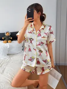 Women's 2-Piece Pajama Set, Monkey Cartoon Print, Short Sleeve Button-Up Shirt, Loose Elastic Shorts, Casual Comfy Pajama, Casual Home Wear, Nightwear, Loungewear, Pjs, Womenswear, All Seasons, Summer Loungewear