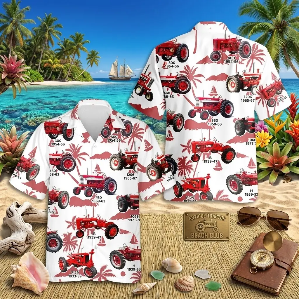 International Harvester Hawaiian Shirt Men Women Red Tractor Print Summer Beach Button Up Casual Streetwear Loose Fit Farmer Gift Vacation Festival Party Comfortable Tropical Farm