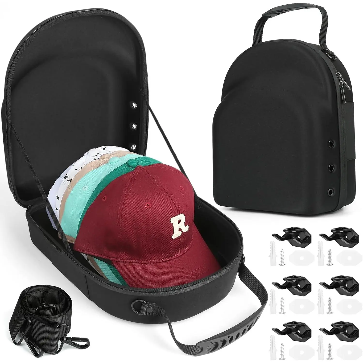 Hard Baseball Hat Case with 6 Count Hat Hooks, Adjustable Strap, Travel Case for 6 Baseball Caps, Black