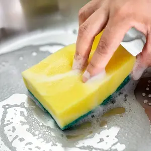 5-piece pack of highly absorbent kitchen sponges - Double-layer durable design, oil stain and rust remover suitable for cleaning tableware and cookware, yellow & green (for commercial and household use), with textured scrubbing surface, Dishwashing Sponge