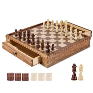 【DealsForYouDays】VEVOR Solid Wood Chess Set, 15 inch 2-IN-1 Chess Checkers Game Set, Chess Board Games with Storage Drawer Weighted Chess Checkers Pieces 2 Queens, for Adults Kids Tournament Professional Beginner
