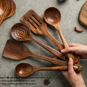 5-Piece Natural Wood Kitchen Utensil Set, Wooden Cooking Tools, Ergonomic Handle, Heat Resistant, Includes Spoon, Spatula, Ladle, Frying Pan, Ideal for Induction Cooktops