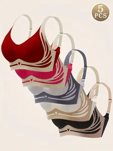 Women's 5-piece Set Colorblock Adjustable Strap Wireless Bra Soft Comfortable Everyday Wear - Womenswear