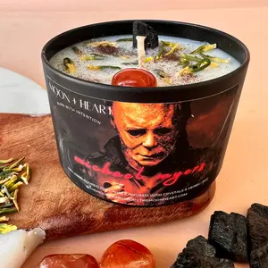 Michael Myers Halloween Candle: Pumpkin Latte Scent, Black Obsidian Crystal