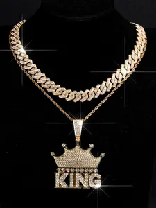 Stylish Charm Letter King Necklace with Crown Pendant, Iced Out Blingling Layered Stacked Hip Hop Jewelry, Ideal Gift for Friends