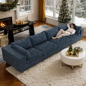 【3 Packages Shipping】Eyisean 157.6" Popular Boneless Sectional Couch with Ottoman,  No Assembly Needed, Comfy Plush Corduroy Upholstered Cloud Sofa with Deep Seat, Removable & Washable Cushion, Oversized 4-Seater Modular Sectional Couch for Living Room