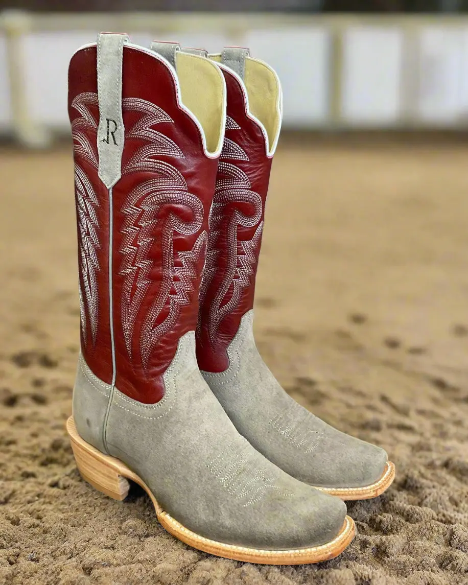 R. Watson Men's Grey Roughout & Red Sinatra Top Cutter Toe Cowboy