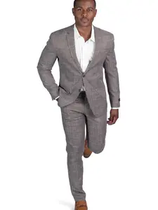 Slim Fit Light Brown Tweed Plaid 2 Button Notch Lapel Mens Suit Flat Front Pants Fitted Double Vents AZARMAN