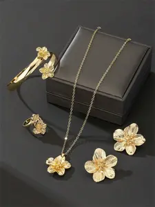 1 Set Elegant Golden Floral Bracelet, 1 Ring, 1 Necklace Pendant, 1 Pair Earrings Durability Ladies Jewelry Set, Vacation Style Gift, Couples Gift (No Gift Box)