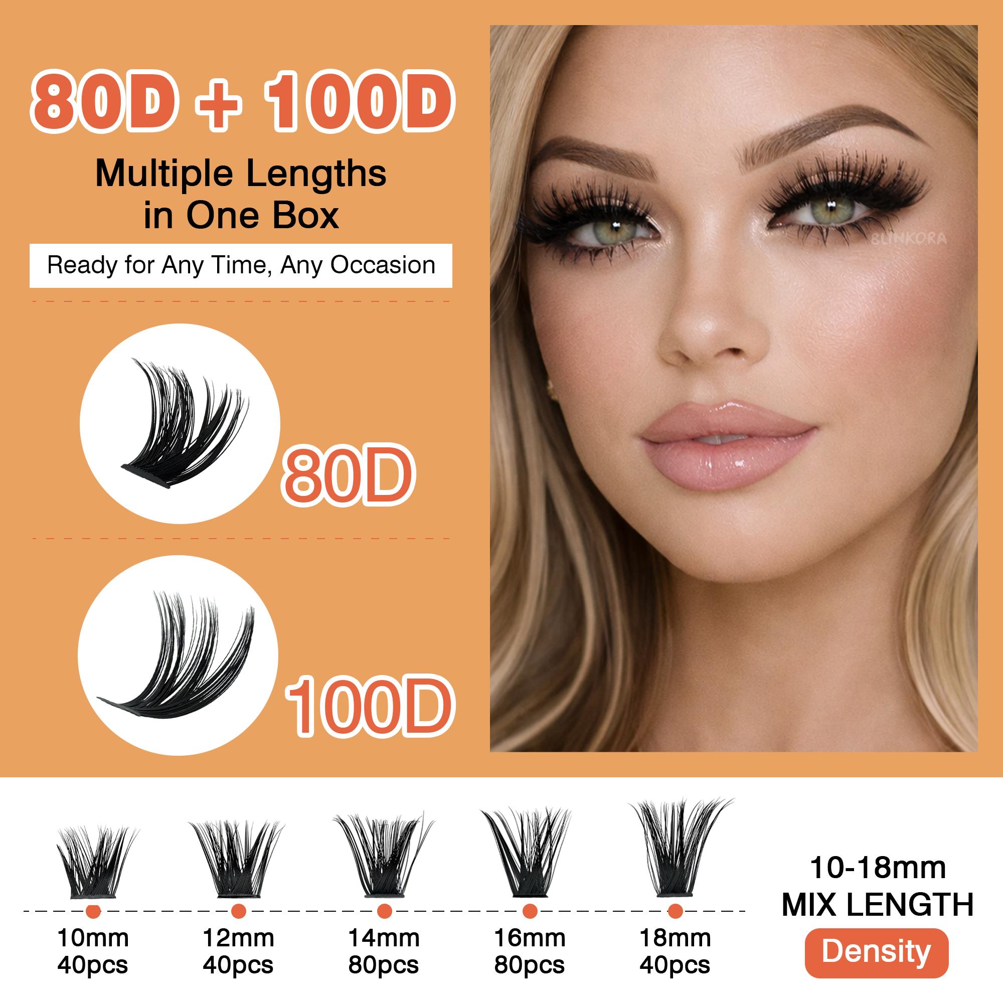 Blinkora 80D100D Lash Cluster Hybrid Kit, Wispy Fluffy Volume 10-18mm D Curl Cluster Lashes Extensions for Dramatic Soft Look, Beginner-Friendly DIY-at-Home with Waterproof Long-lasting Glue, Remover & Applicator, Think Band Super Lightweight Clusters