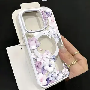 Purple Cherry Blossom Clear Magnetic Shockproof Phone Case for iPhone 15 Pro Max/16 Pro Max/17 Pro Max & Galaxy S24 Ultra/S25 Ultra/S26 Ultra