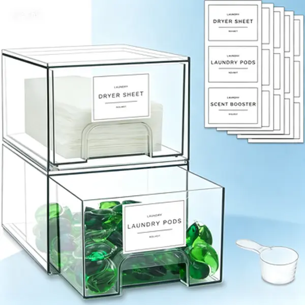 Stackable Clear Laundry Storage Drawers with Labels, 2 Pack Dryer Sheet Holder and Pod Containers, Detergent Dispenser for Laundry Room Organizing, Clear Stackable Organizer for Laundry Room Decor
