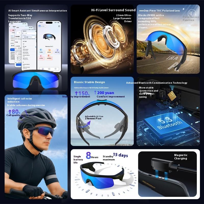 Monster Air 3 AI Smart Sports Glasses with Hi-Fi Sound Bluetooth 5.3 Sunglasses for Music Calls Noise Reduction UV Protection Lightweight Tech Gadget Gifts for Men Women