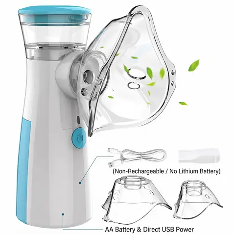 Portable Handheld Ultrasonic Nebulizer - ABS Material, Silicone Components, 2 Modes, Self-Cleaning, 0.2ml Output, Mild Gentle Mist, Under 20db Quiet, 10ml Capacity, 1 Child Mask, 1 Nozzle, Suitable for Adults & Children with Breathing Problems (Home Use)