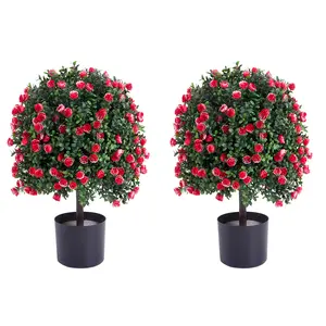 1.8ft Artificial Rose Topiary Ball Tree Set Of 2 Evergreen Shrubs Bushes With Cement Pot Fade-resistant Potted Plants For Indoor Outdoor Home Garden