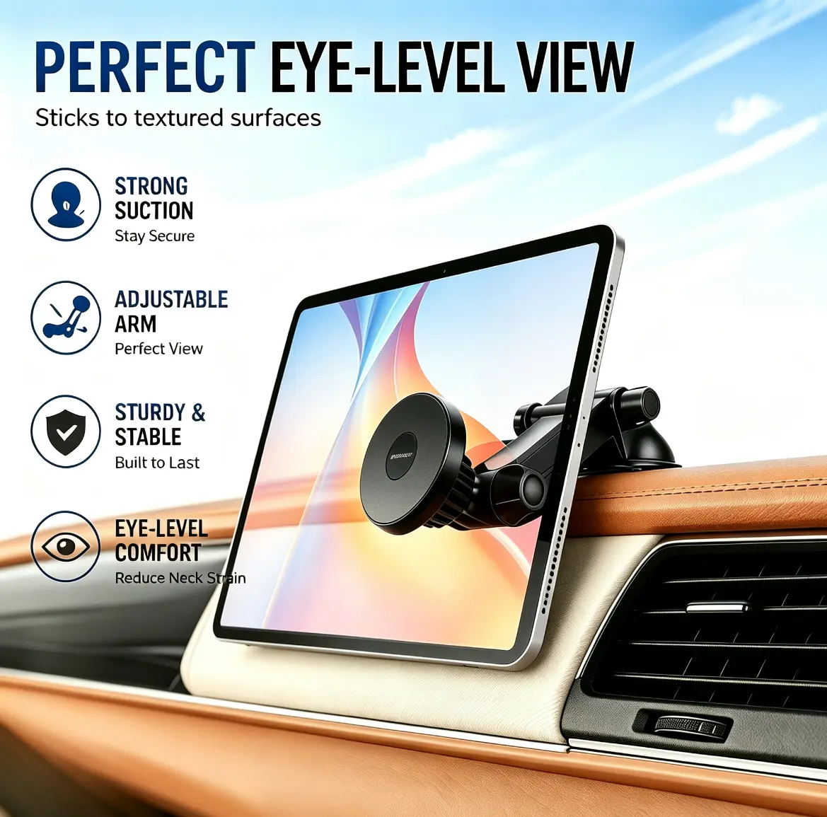 Magnetic Tablet Holder for Car Dashboard & Windshield, Adjustable Suction Cup Mount with Extendable Arm, 360° Rotation, Washable Base, Compatible with iPad, for Magsafe iPhones