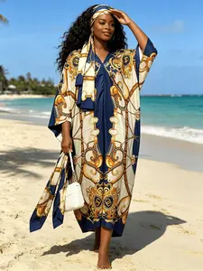 1dress+1 scarf Navy Gold Chain Baroque Print Kaftan Dress for Women, Plus Size Muslim Abaya with Matching Headscarf, Loose Batwing Sleeve Maxi Caftan, Modest Beach Cover Up, Dubai Style Islamic Robe for Vacation, Eid & Casual Loungewear, Modest Outfit