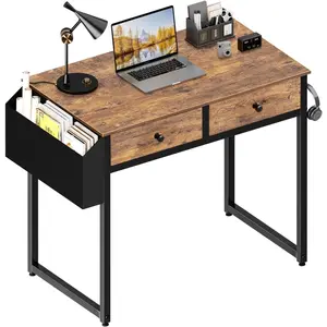 Small Computer Desk with 2 Drawers for Bedroom, 31 Inch Home Office Desk with Storage Fabric Drawer and Bag, Study Writing Table for Small Spaces, Rustic Brown