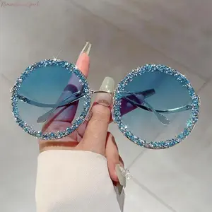 2-Pack Unisex Oversized Round Glasses with Vibrant Crystal Embellishments, Lightweight Metal Frames, Trendy Street Style Eyewear Ideal for Parties, Beach Vacations & Night Outs