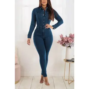 Jumpsuit sports suit  Turn Down Collar Women One Piece Full Sleeve Tight High Waist Overalls Slim Denim Jumpsuits Sheath Long Pants Rompers Autumn