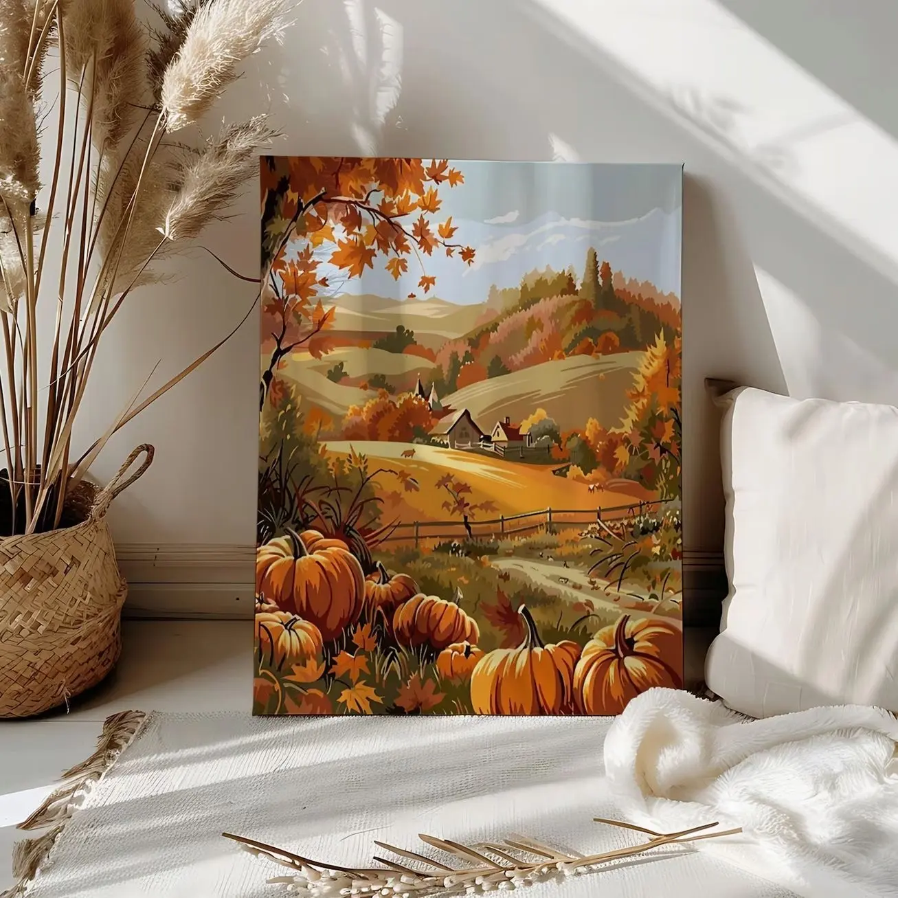 Fall Pumpkin Field Paint by Number Kit Adults Autumn Harvest Landscape Paint Numbers Acrylic Canvas Country Farmhouse Cottage Fall Wall Art