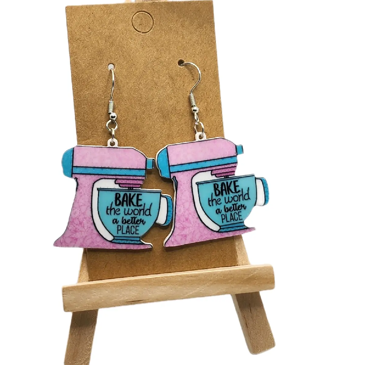 "Bake the World a Better Place" Hook Earrings, Whimsical Costume Jewelry, Fashion Accessory for Anyone Who Loves to Make a Difference