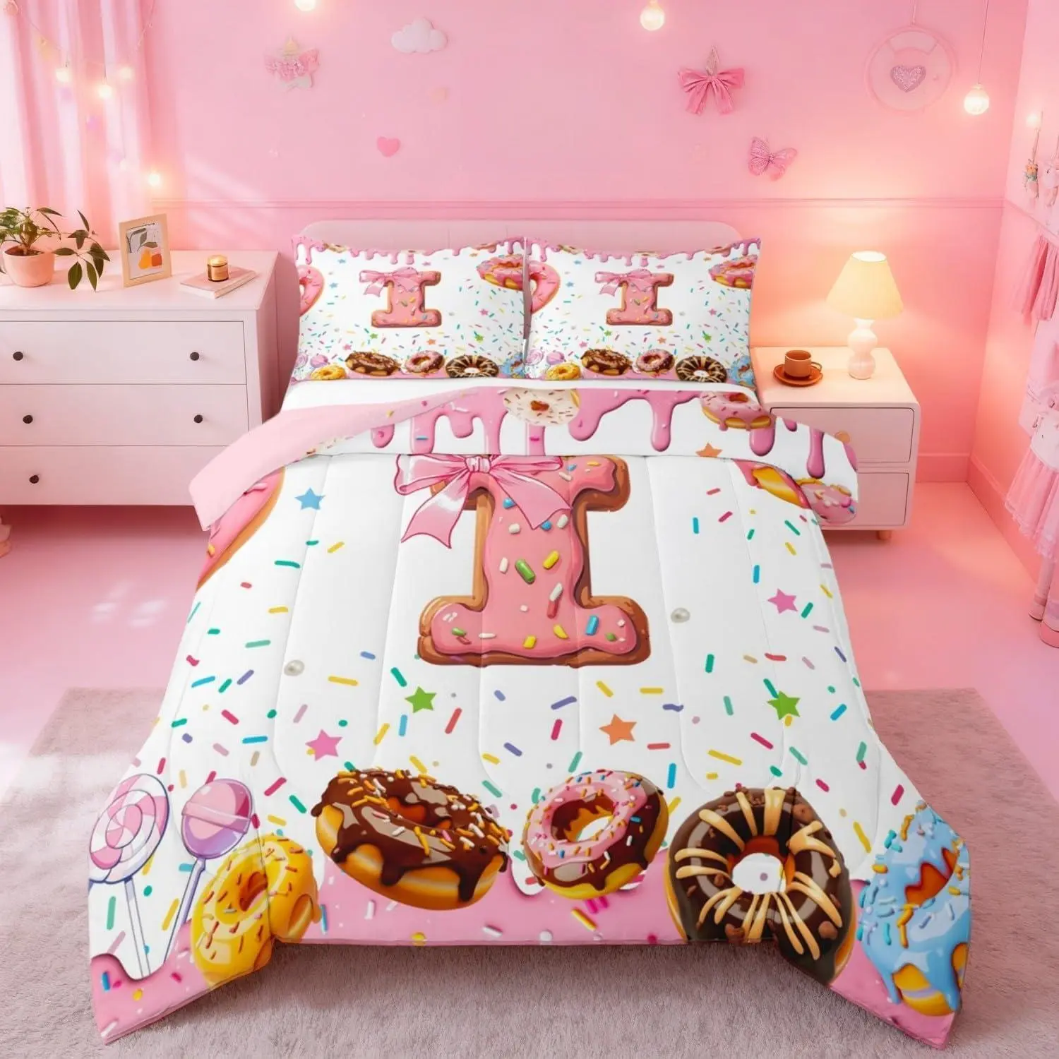 Personalized I Initial Letter Comforter Set for Girls Cute Bow Princess Bowknot Kids Bedding,Monogrammed Comforter Alphabet D Quilt Donuts Pink White Candy Down Comforter