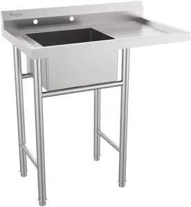 Bonnlo 304 Stainless Steel Utility Sink with Drainboard, One Compartment Workbench Sink Commercial Sink for Restaurant, Laundry Room, Backyard, Garages - Overall Size: 35.8" W x 21.3" D x 40.2" H