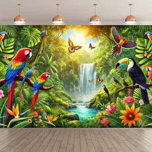 Vibrant Parrot Party Backdrop - Tropical Photography Background with Lush Foliage, Cascading Waterfall & Colorful Birds for Indoor/Outdoor Decor, Birthday, Holiday & Studio Props