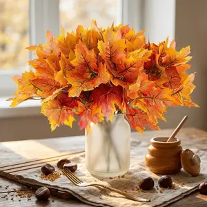 7 Forked Artificial Maple Leaf Bundles, Fake Fall Foliage, Plastic Autumn Leaves, Versatile Table Decor, Wedding, Bridal Shower, Home Kitchen