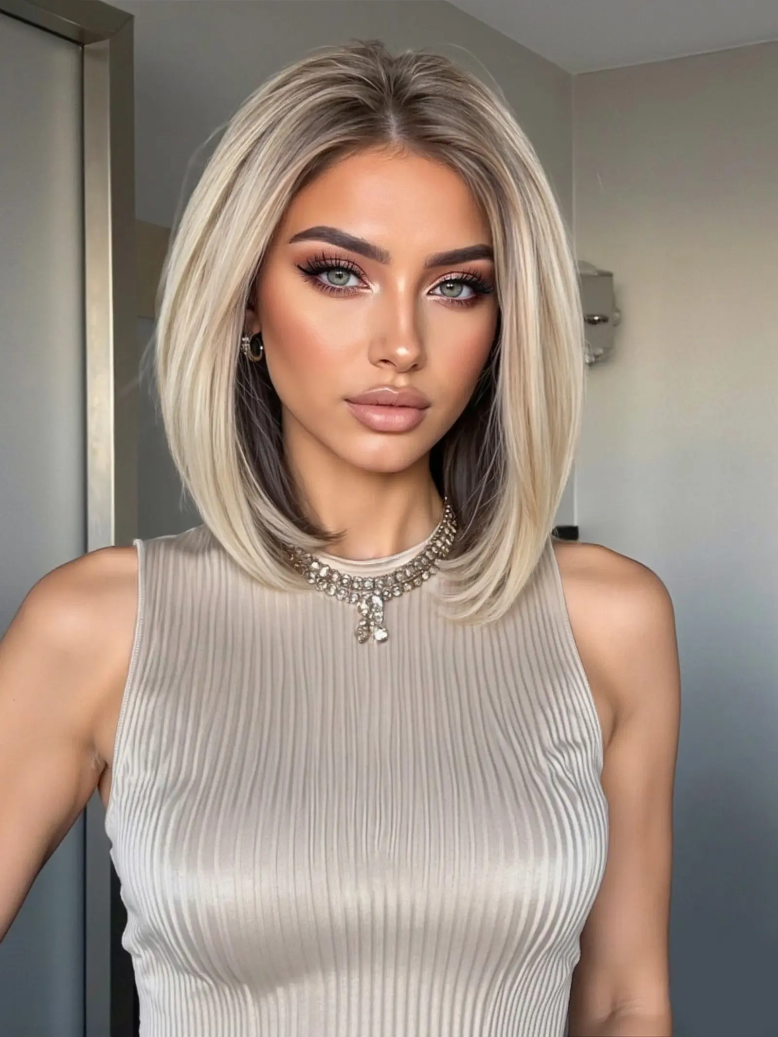 13x6 Lace Front Wig in Platinum Color, Short Straight Hair with Ombre Roots, Breathable Everyday Use, Daily Wear Wig, No Bangs Design for Summer, Synthetic Lace Wigs, Fashion Wig