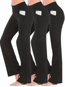 3 Pack Women's  Sports Pants Set - Solid Wide Waistband Flared Leg Yoga Fitness Trousers With Phone Pockets - Suitable for Spring/Autumn