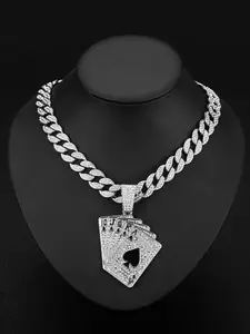 Hiphop Poker Card Full Diamond Pendant Necklace, High-Quality Curb Cuban Chain, Hypoallergenic Cubic Zirconia, Street Style Artisan Jewelry, Lucky Accessory, Bling Stylish Accessory