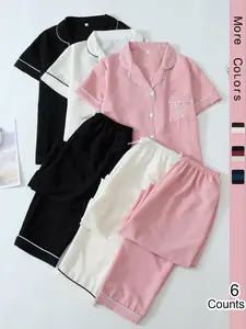 Women's Contrast Binding Lapel Neck Pocket Pajama Set, Short Sleeve Button Front Shirt & Elastic Waist Pants PJ Set, Casual Comfy Pyjama Set for Women, Pyjamas for Women, Cute Pajama Sets