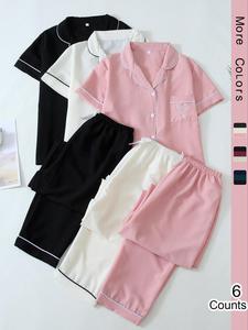 women's contrast binding lapel neck pocket pajama set, short sleeve button front shirt & elastic waist pants pj set, casual comfy pyjama set for women, pyjamas for women, lounge sets, loungewear