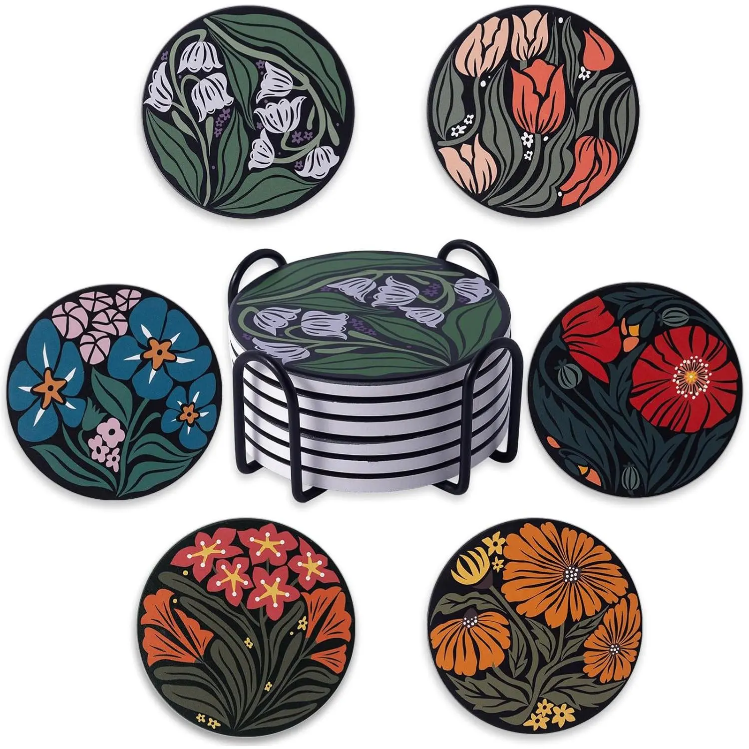 Coasters Absorbent Ceramic Coaster Drink Coasters with Cork  Beautiful Artistic  Set of 6 Round Coaster Non Slip for Coffee Table  Glass Home Bar 4 Inch, Colorful