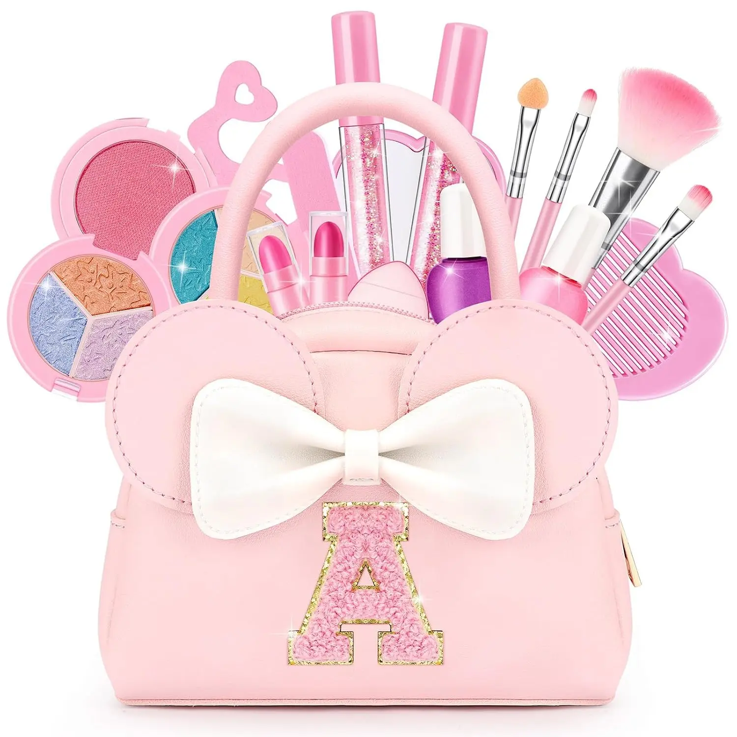 Fall Halloween Gift  Kids Real Makeup Kit for Girls, 18Pcs Non-Toxic Washable Make Up Toys - A | Non Toxic Washable Make Up Toys with Initial Toddler Purse - Personalized Birthday Gifts for Age 3 4 5 6 7 8 Girls Vanity Set