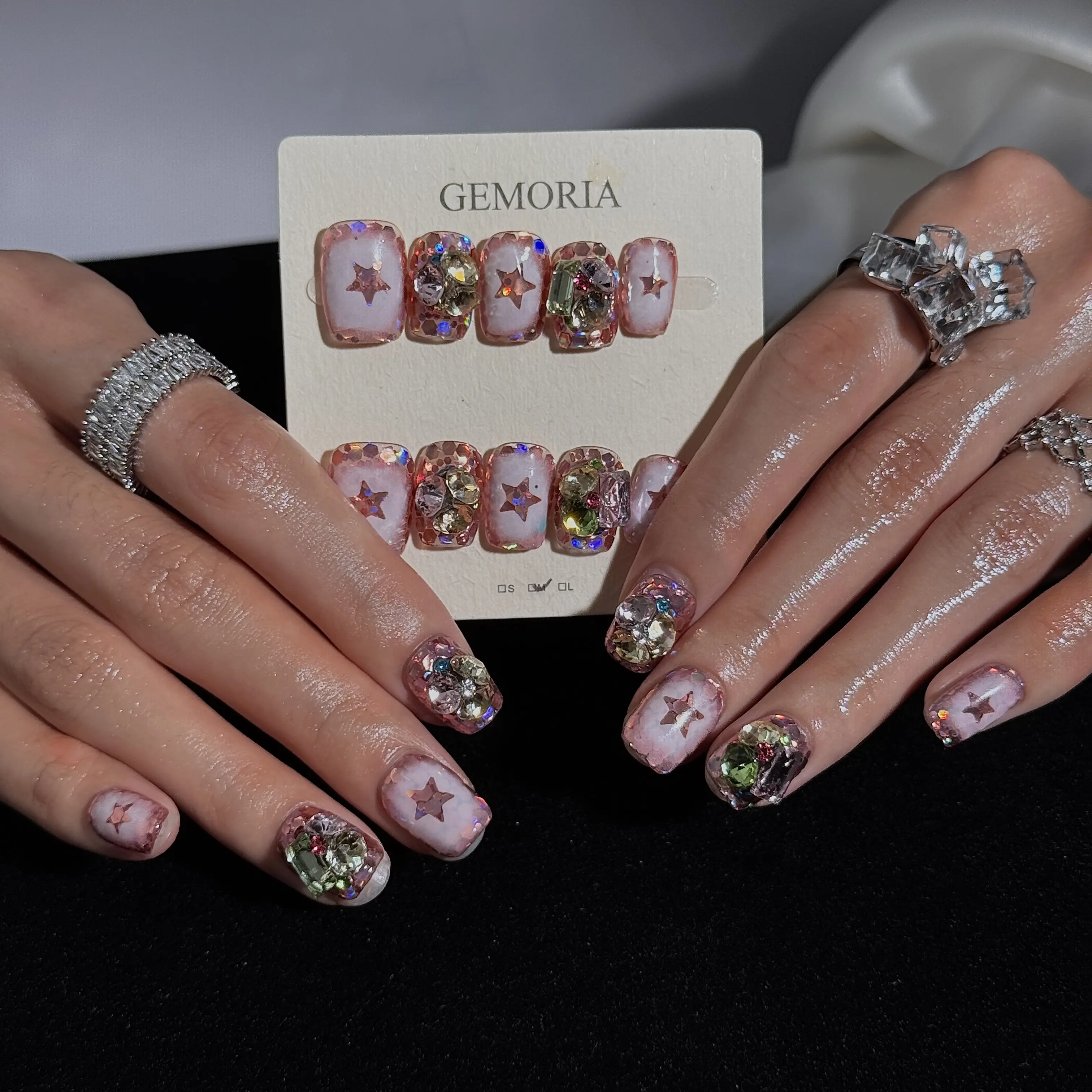 (AM0035#) Handmade Press-On Nails | Reusable, Salon-Quality, Long-Lasting, Glossy Design, Pink Crystal Rhinestone Press On Nails, Star Design Short Square Fake Nail Set