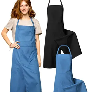 Women's 2-Count Long Split Leg Cover Aprons - Adjustable Neck & Waist Straps, Durable Cotton Knit Fabric, Multiple Pockets, Practical Design for DIY Pottery, Kitchen Use (Black & Blue)