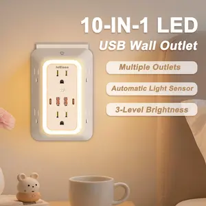 Smart Wall Outlet Extender with Night Light, Power Plug Adapter 6 AC Outlets 2 USB-C & 2 USB-A Charging Ports ,1050J Surge Protection for for Home Travel Office,Power Strip Usb Multi Plug Usb Socket