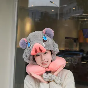 Cosplay Prop Wild Boar Head Plush Hat Demon Slayer Hashibira Inosuke Warm Headgear Cartoon Stuffed Anime Plushies Gifts Boy Fans
