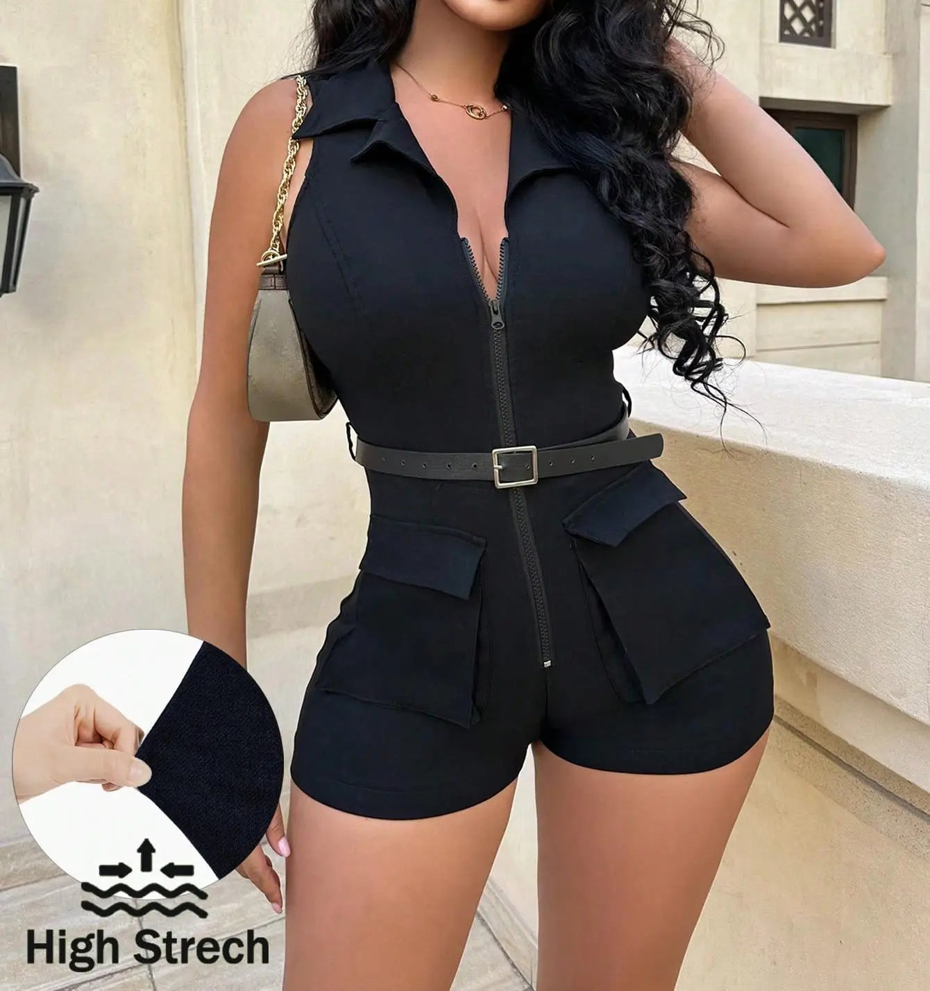Lypobala Women‘s Elastic Sleeveless Solid Color Romper with Zipper Front and Side Pockets Basic Daily Wear Causal